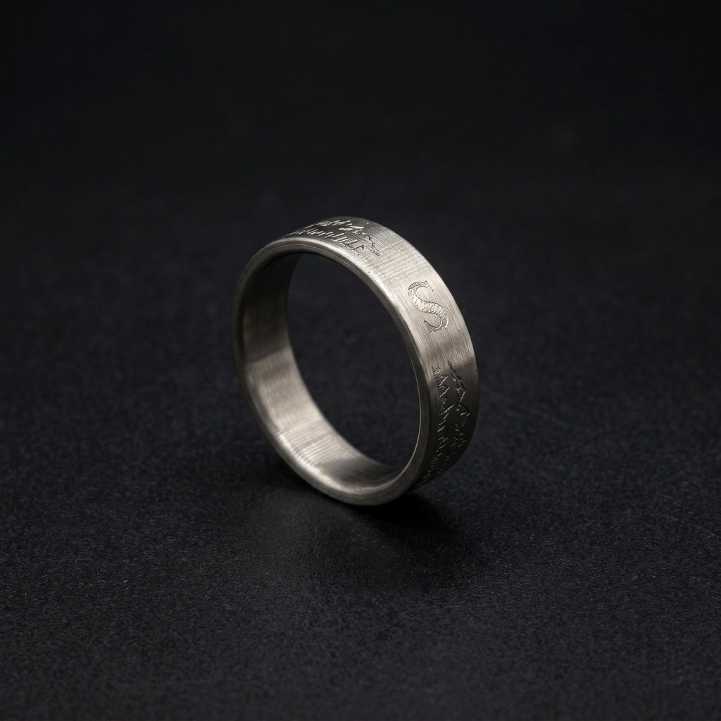 Brushed Titanium Wedding Band — Engraved Mountain Skyline, view 4