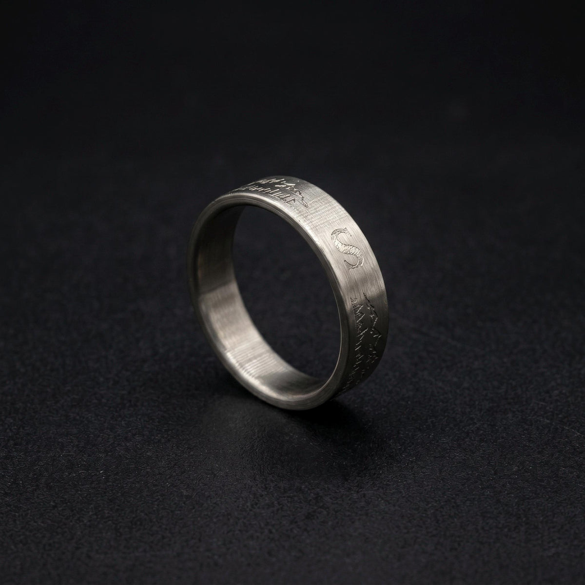 Brushed Titanium Wedding Band — Engraved Mountain Skyline, view 4