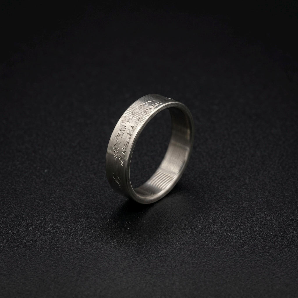 Brushed Titanium Wedding Band — Engraved Mountain Skyline, view 5