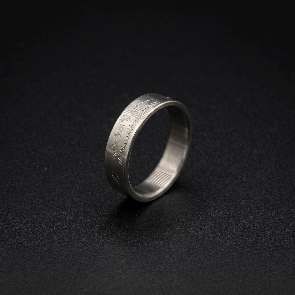 Brushed Titanium Wedding Band — Engraved Mountain Skyline, view 5