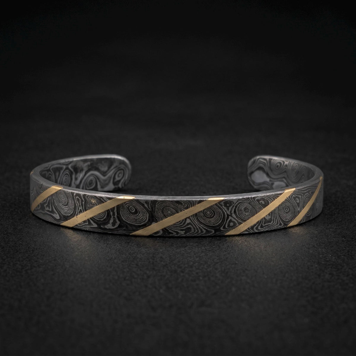 Damascus Steel Cuff Bracelet with Brass Stripes — Diagonal Inlay