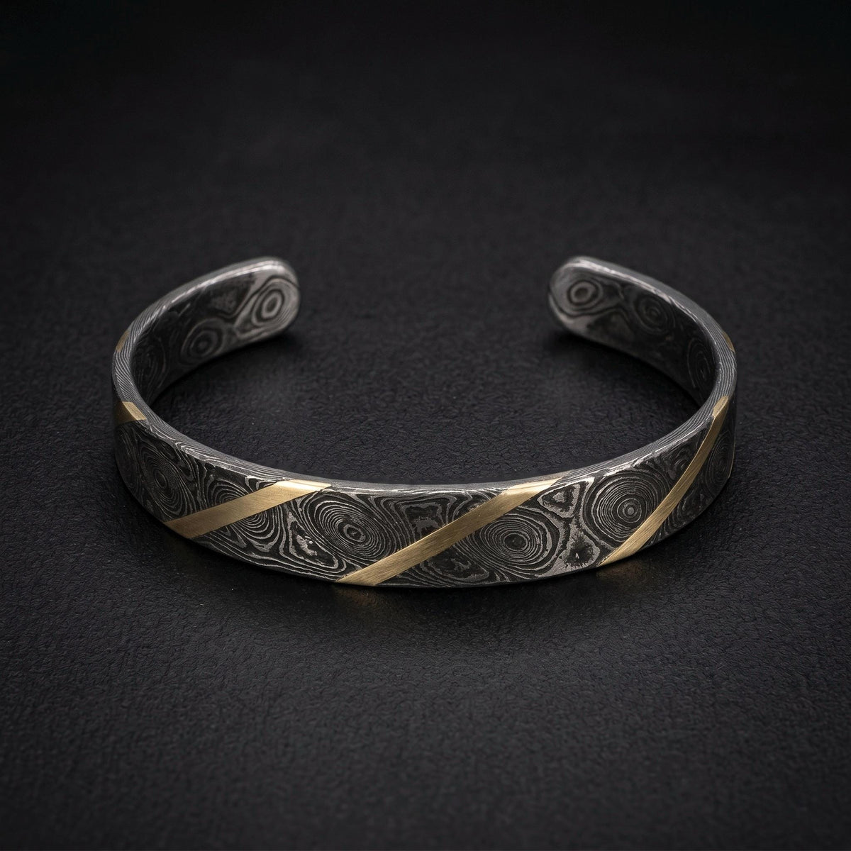 Damascus Steel Cuff Bracelet with Brass Stripes — Diagonal Inlay, view 5