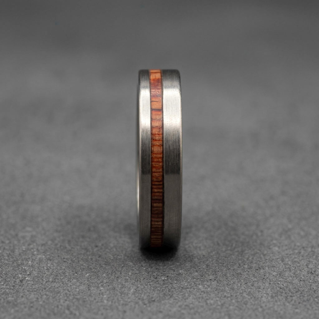 Brushed Titanium Wedding Band — Offset Whiskey Barrel Wood Strip, view 5