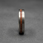 Brushed Titanium Wedding Band — Offset Whiskey Barrel Wood Strip, view 5