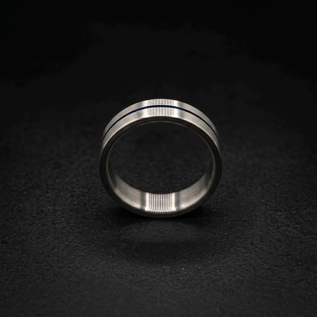 Brushed Titanium Wedding Band — Thin Blue Anodized Center Line, view 6