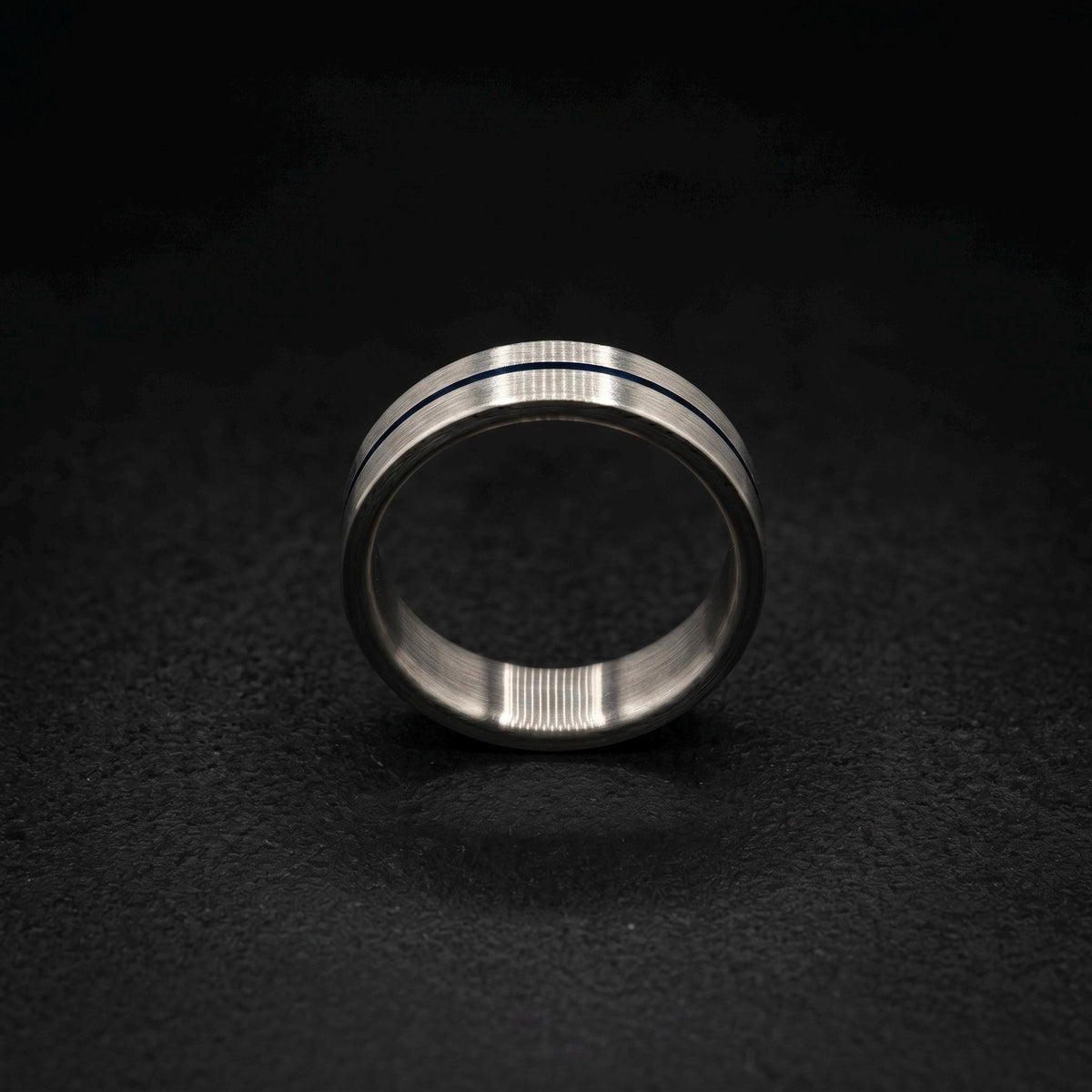 Brushed Titanium Wedding Band — Thin Blue Anodized Center Line, view 6