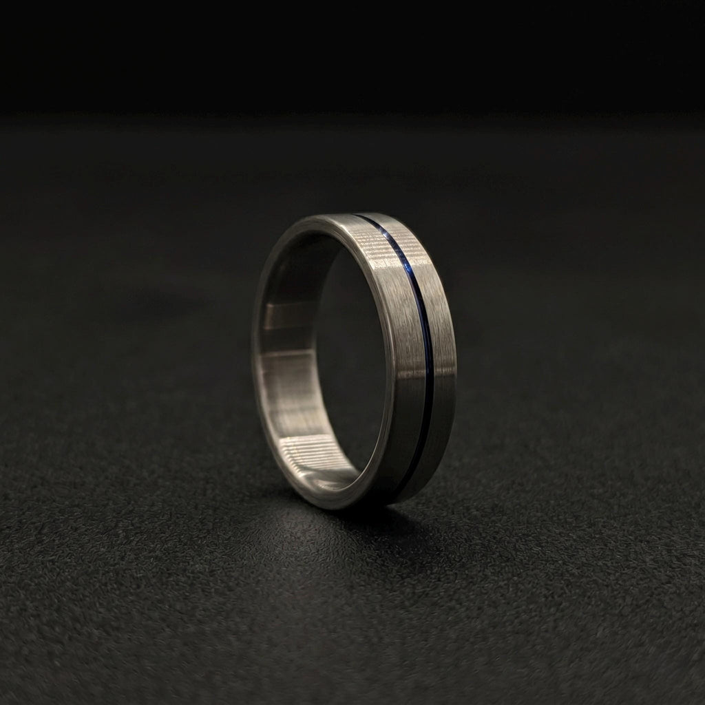 Brushed Titanium Wedding Band — Thin Blue Anodized Center Line, view 2