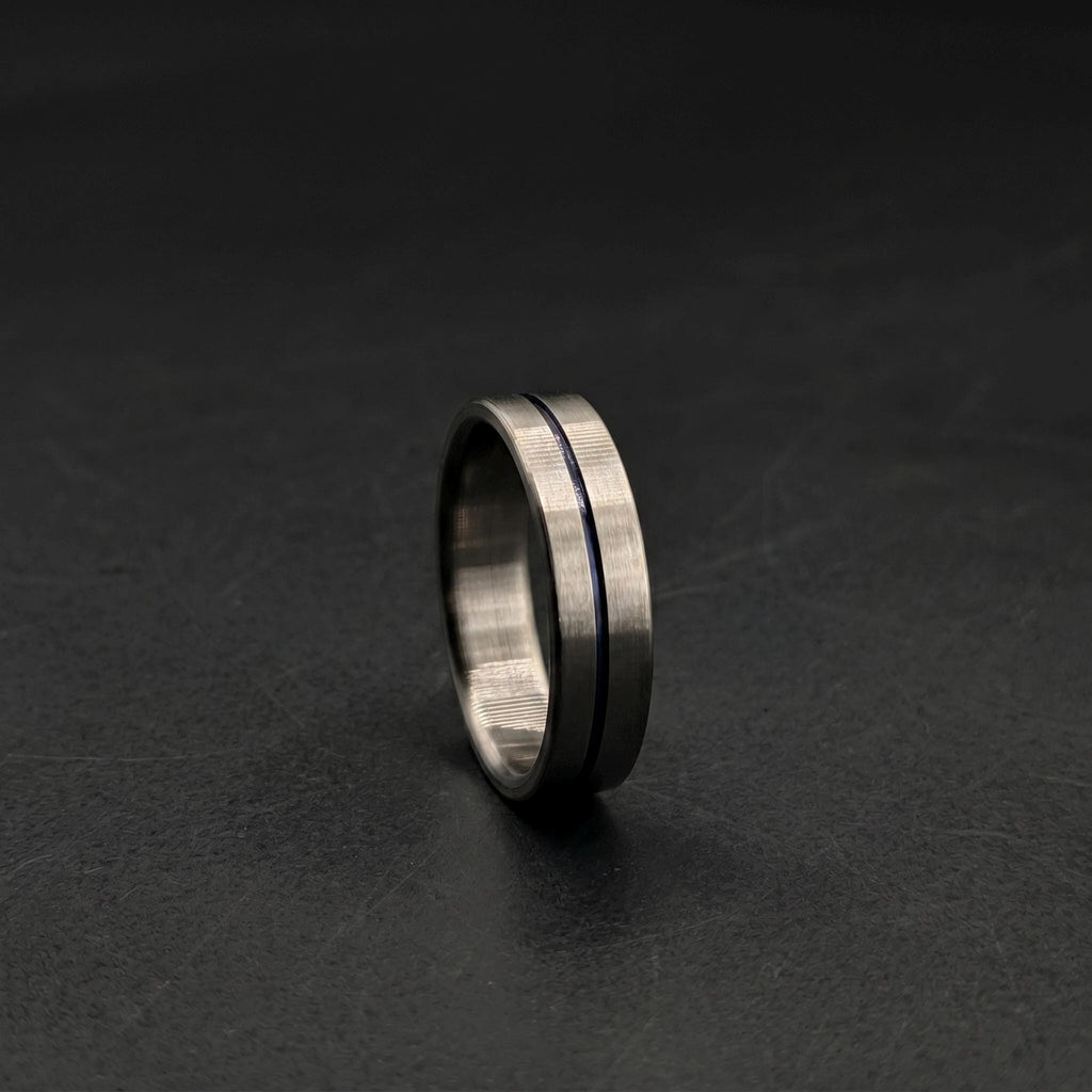 Brushed Titanium Wedding Band — Thin Blue Anodized Center Line, view 4