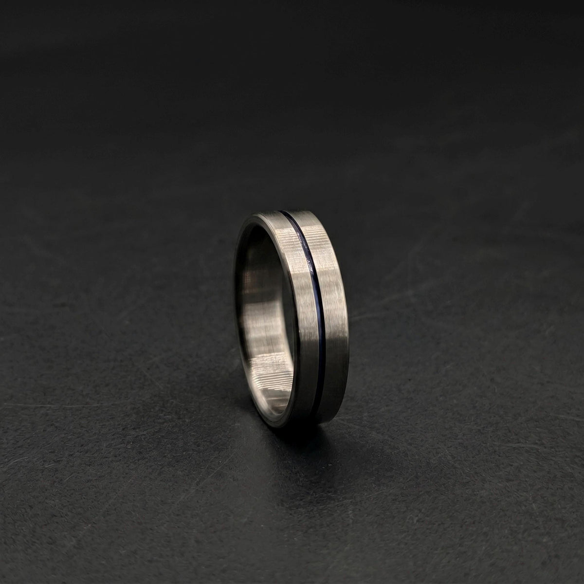 Brushed Titanium Wedding Band — Thin Blue Anodized Center Line, view 4