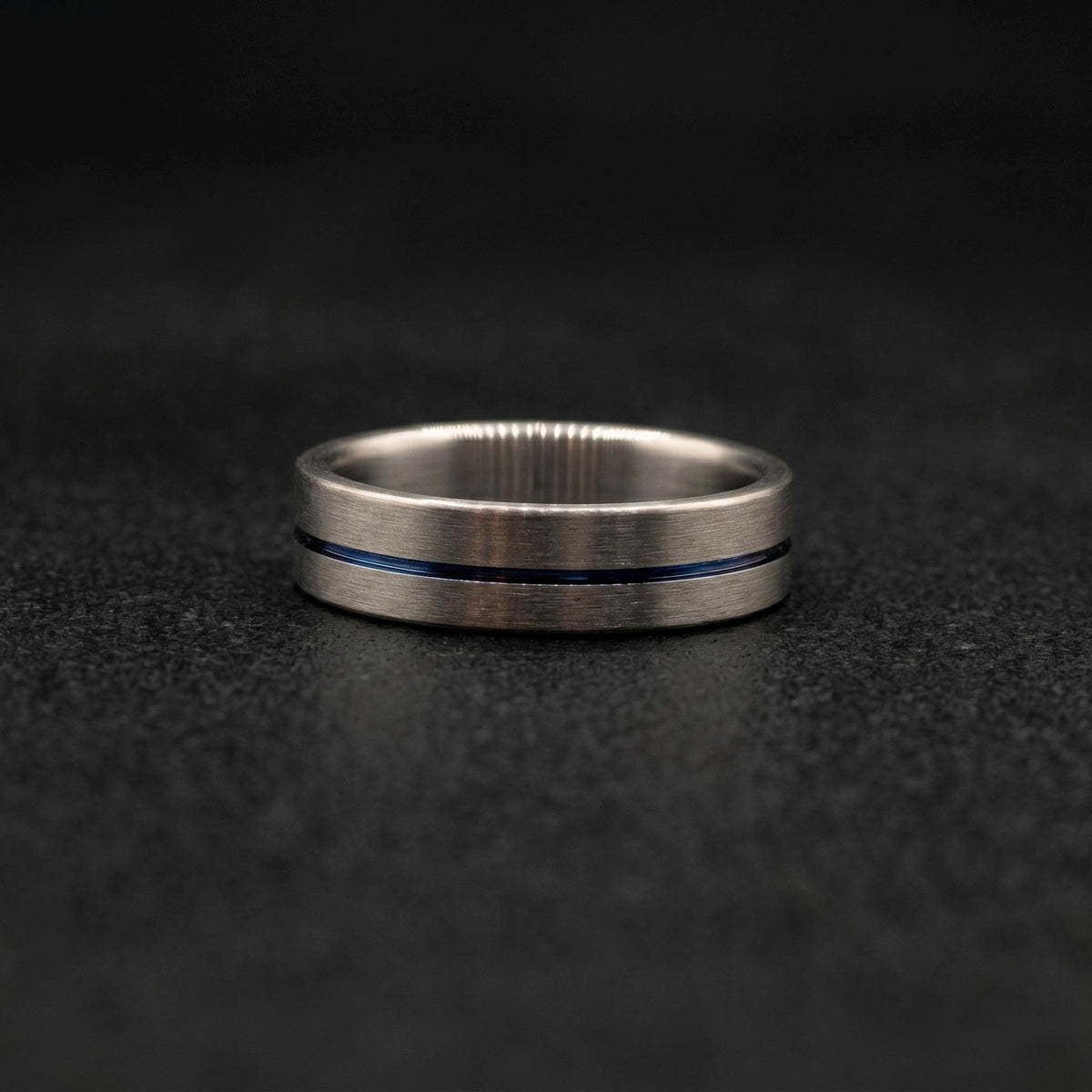 Brushed Titanium Wedding Band — Thin Blue Anodized Center Line, view 3