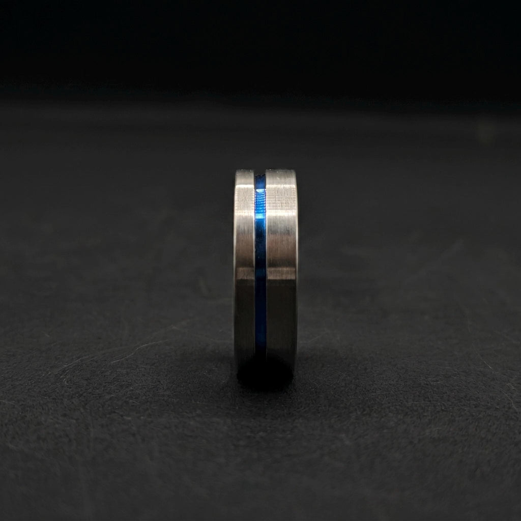 Brushed Titanium Wedding Band — Blue Anodized Groove Line, view 4