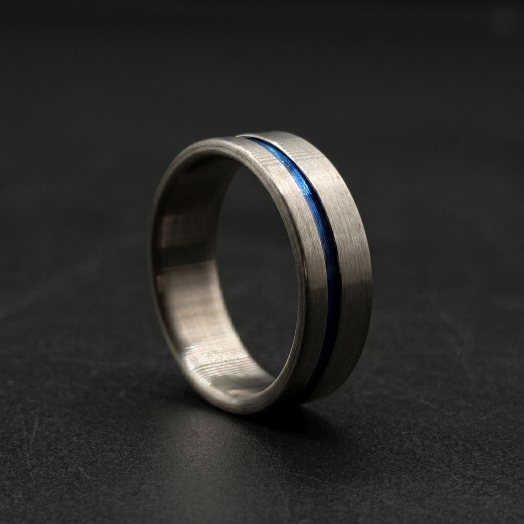 Brushed Titanium Wedding Band — Blue Anodized Groove Line, view 5