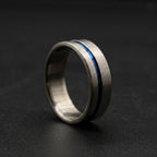 Brushed Titanium Wedding Band — Blue Anodized Groove Line, view 5