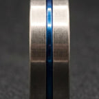 Brushed Titanium Wedding Band — Blue Anodized Groove Line, view 3