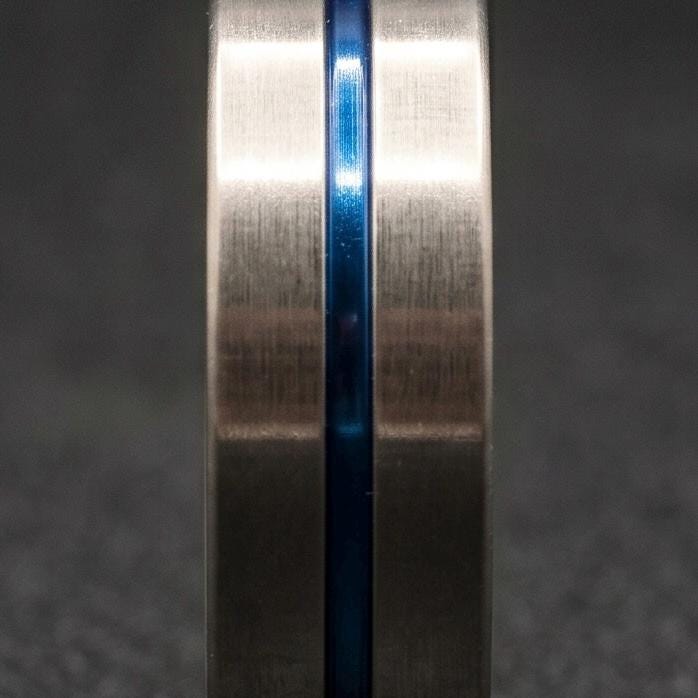 Brushed Titanium Wedding Band — Blue Anodized Groove Line, view 3