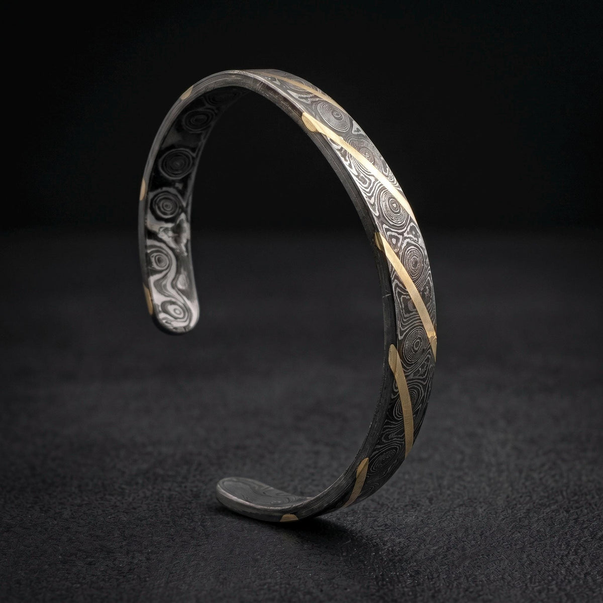 Damascus Steel Cuff Bracelet with Brass Stripes — Diagonal Inlay, view 4