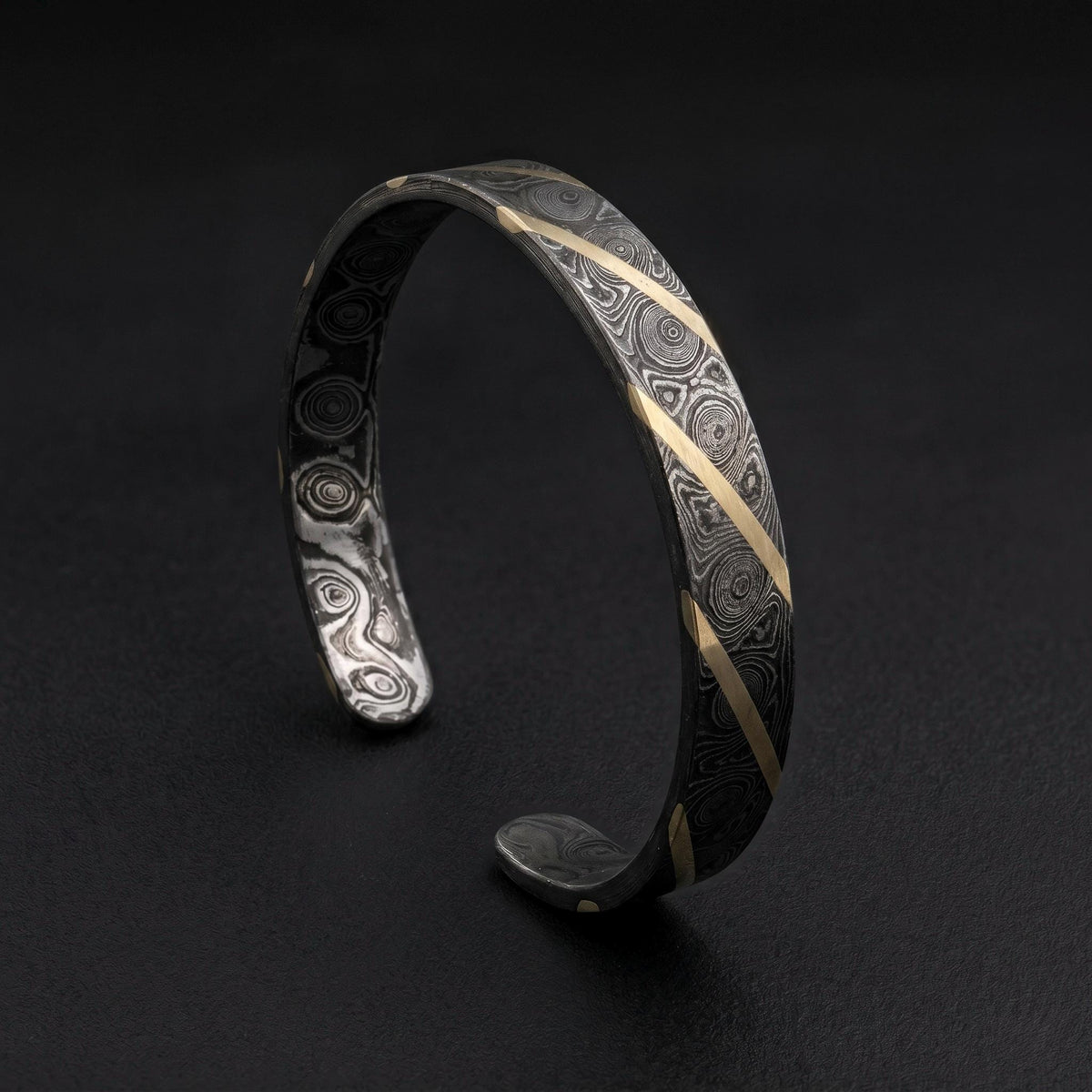 Damascus Steel Cuff Bracelet with Brass Stripes — Diagonal Inlay, view 2