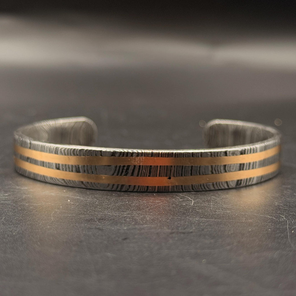 Damascus Steel Cuff Bracelet with Double Copper Lines — Viking Cuff