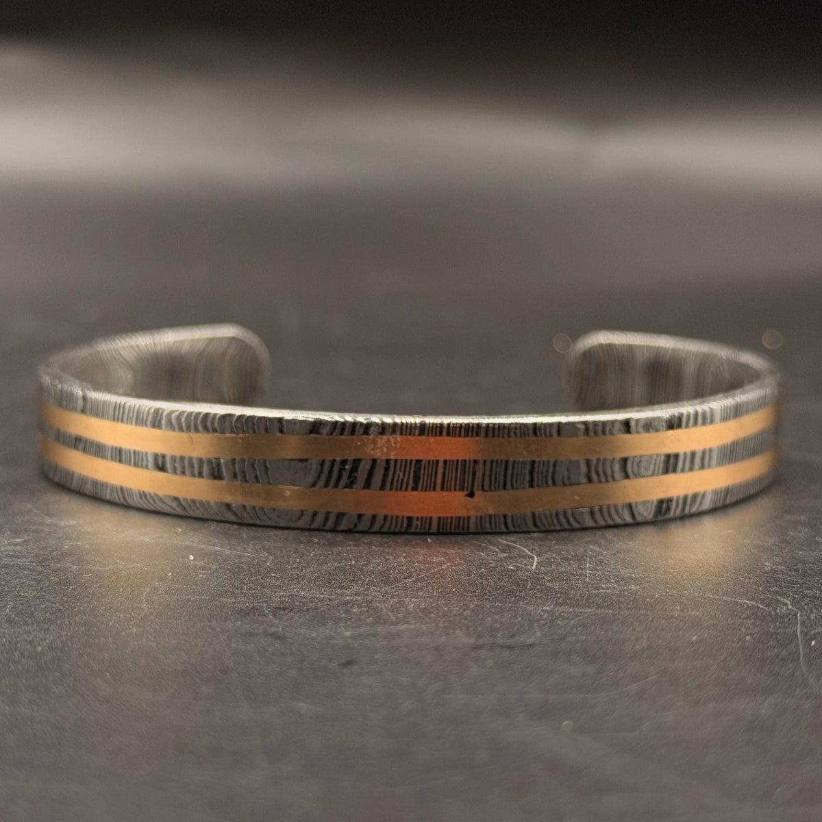 Damascus Steel Cuff Bracelet with Double Copper Lines — Viking Cuff