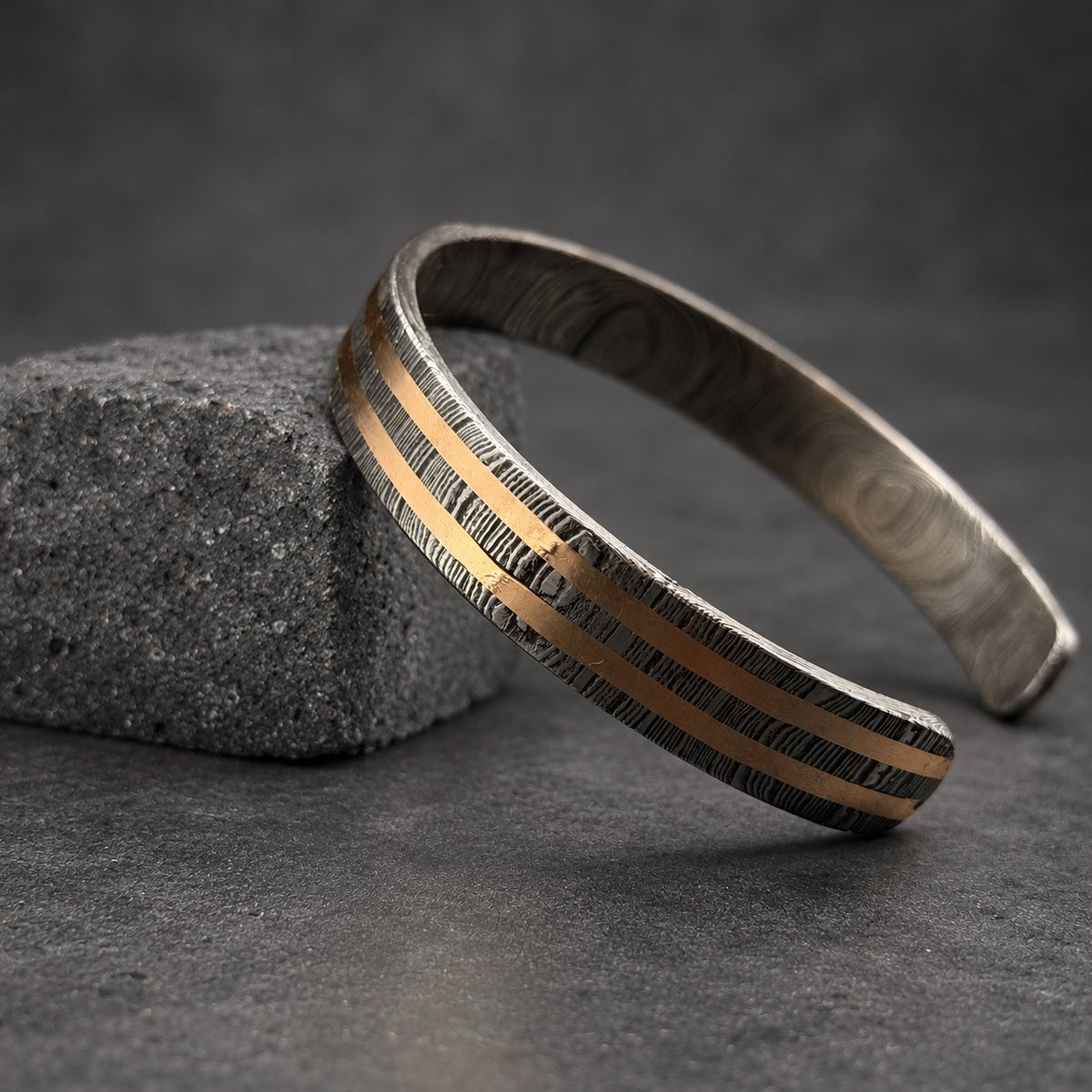 Damascus Steel Cuff Bracelet with Double Copper Lines — Viking Cuff, view 4
