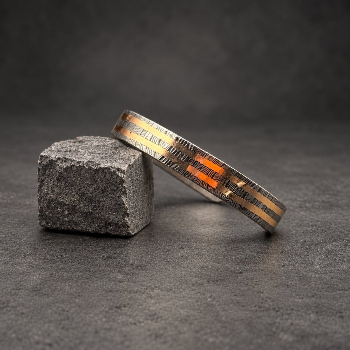 Damascus Steel Cuff Bracelet with Double Copper Lines — Viking Cuff, view 6