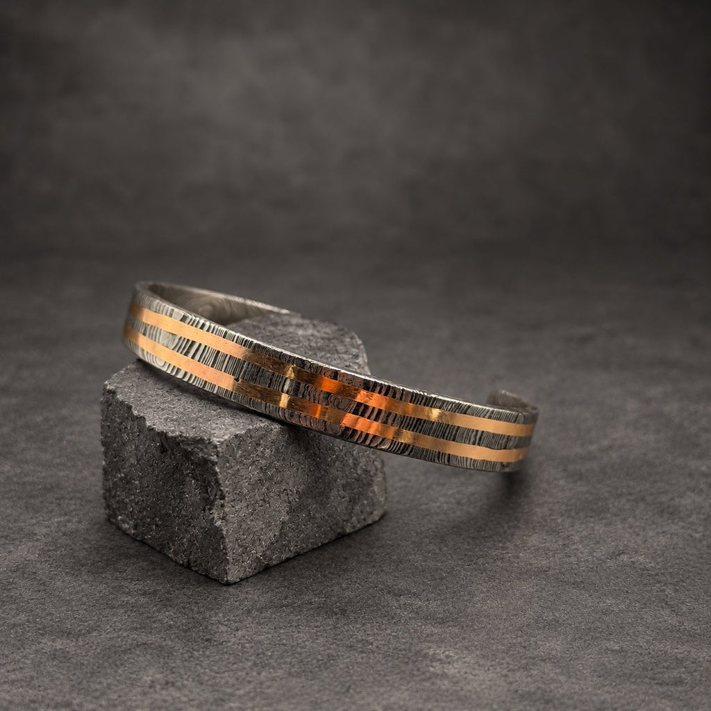 Damascus Steel Cuff Bracelet with Double Copper Lines — Viking Cuff, view 7