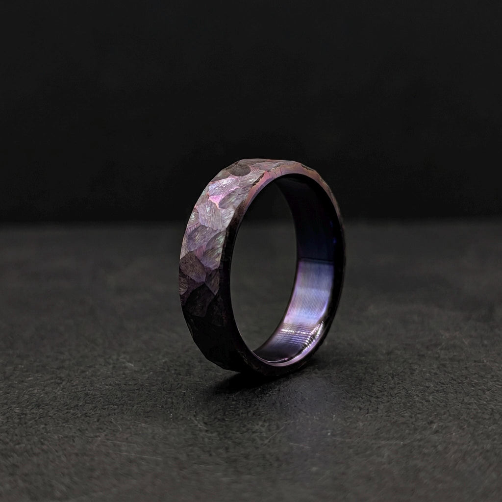 Purple Anodized Titanium Wedding Band — Hammered Flat Band, view 4