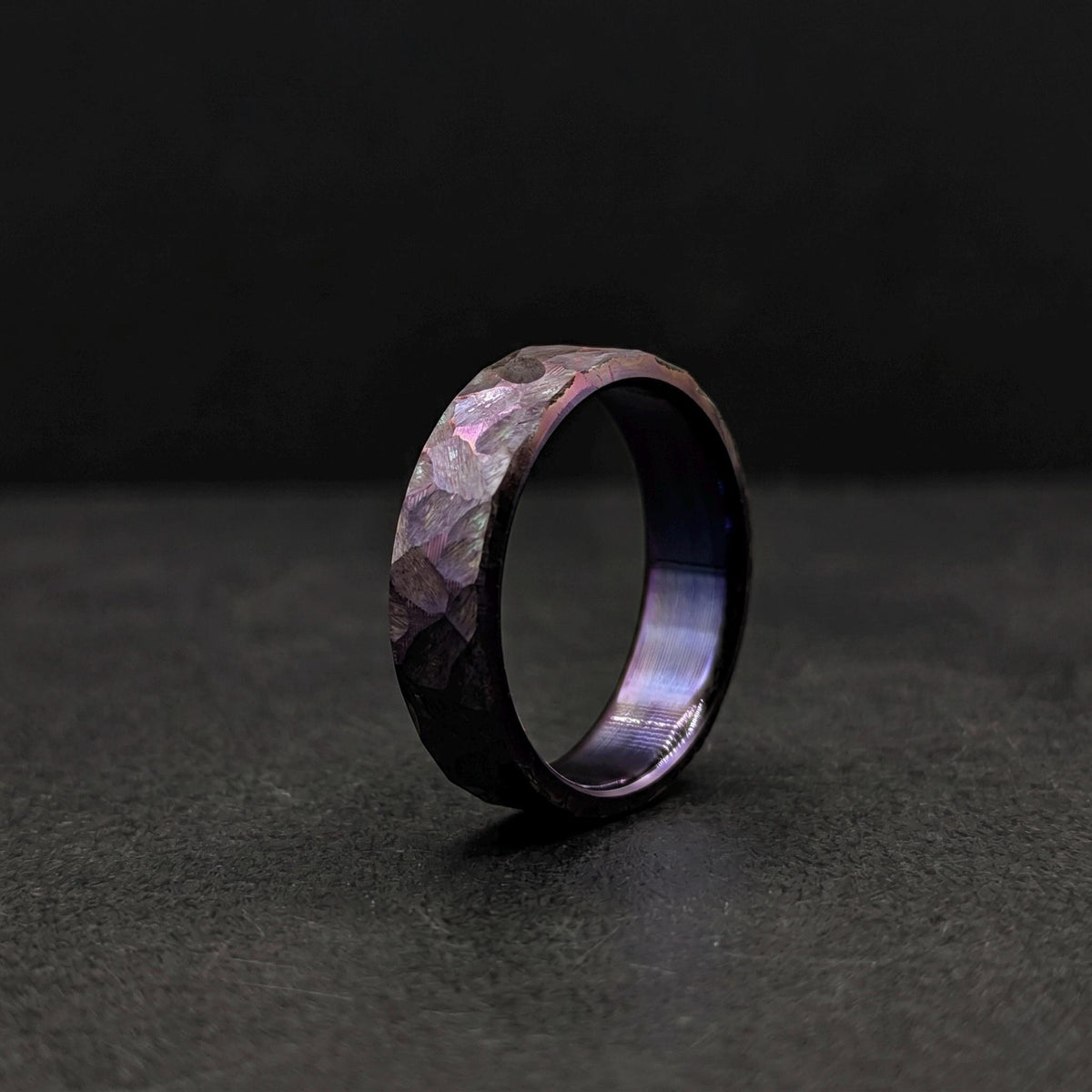 Purple Anodized Titanium Wedding Band — Hammered Flat Band, view 4