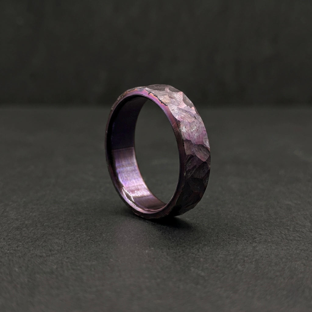 Purple Anodized Titanium Wedding Band — Hammered Flat Band