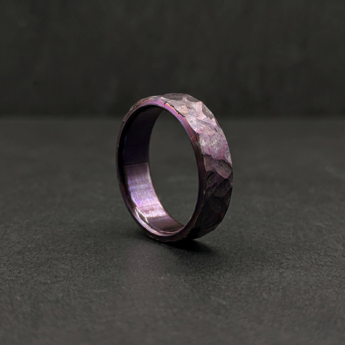 Purple Anodized Titanium Wedding Band — Hammered Flat Band
