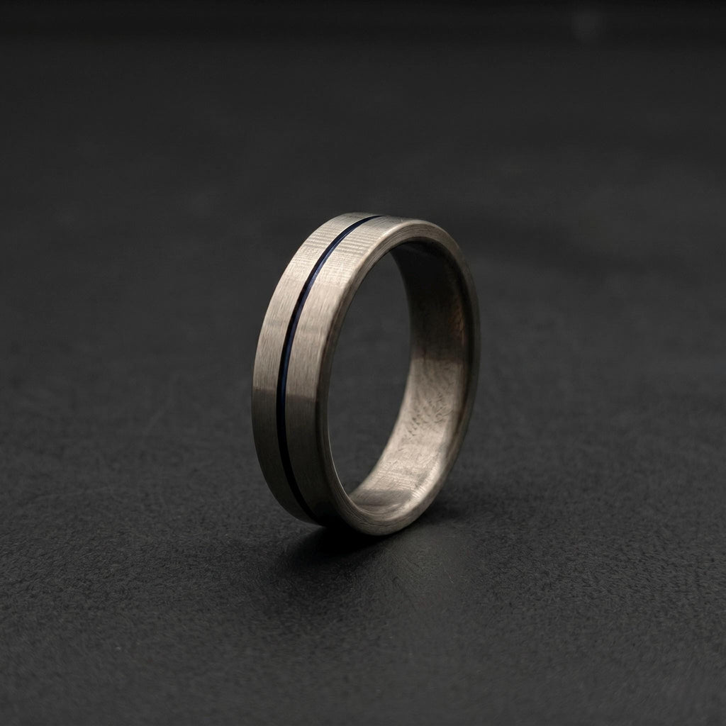 Brushed Titanium Wedding Band — Thin Blue Anodized Center Line, view 5
