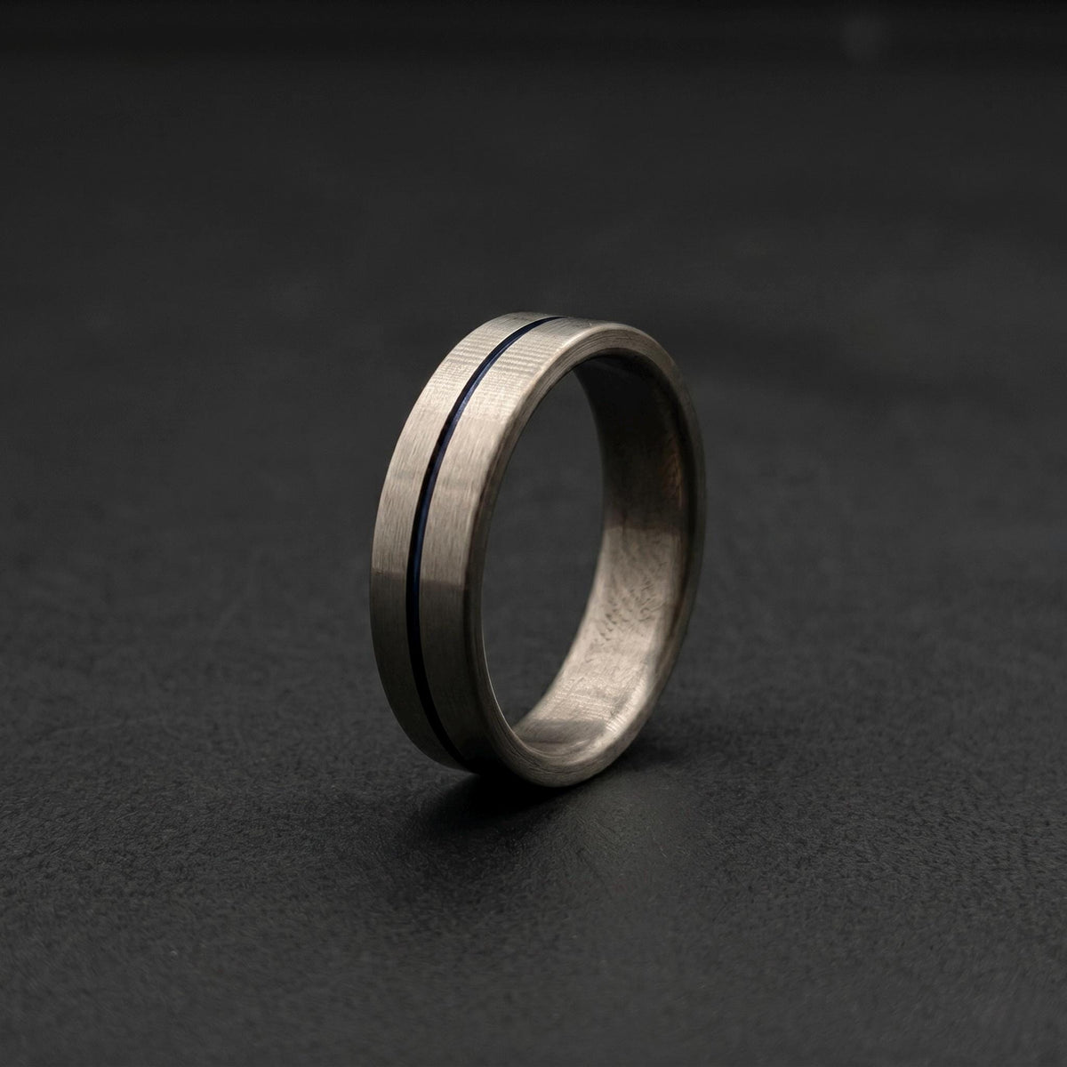 Brushed Titanium Wedding Band — Thin Blue Anodized Center Line, view 5