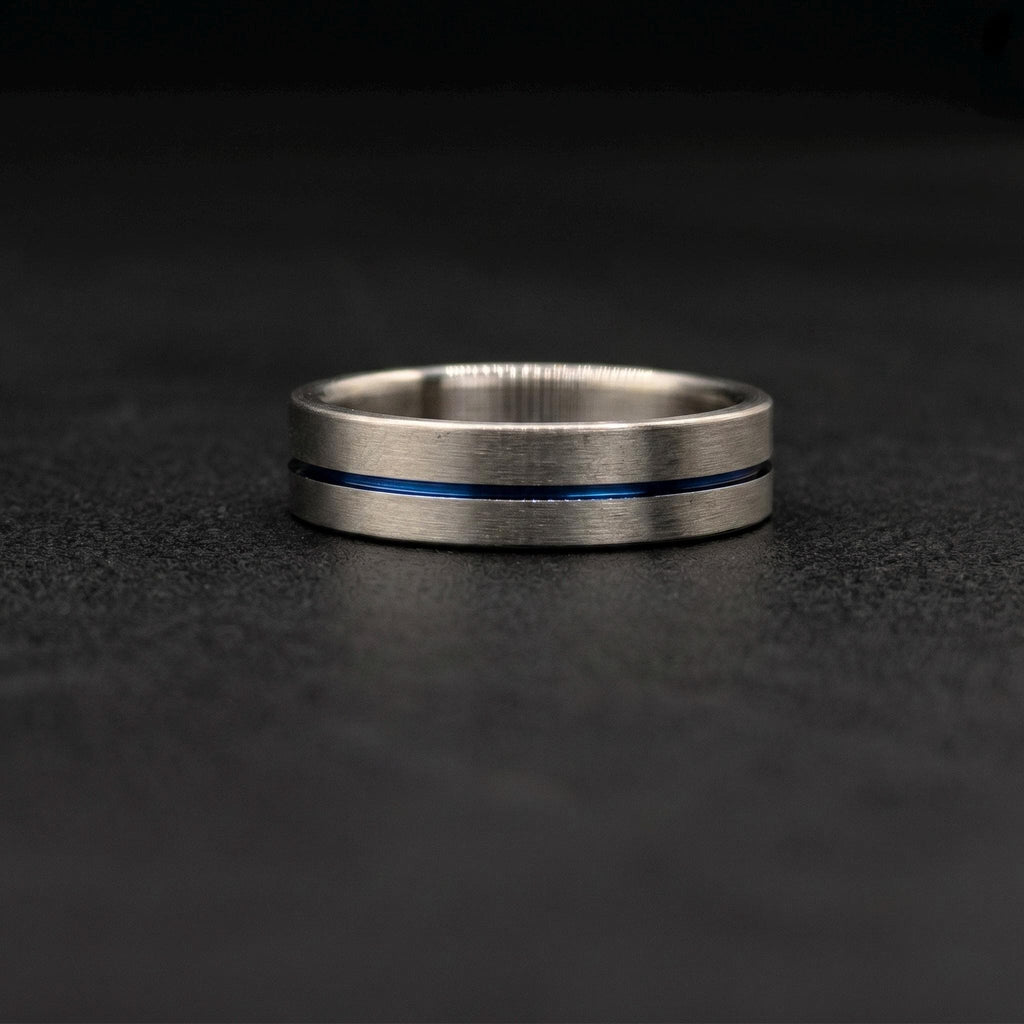 Brushed Titanium Wedding Band — Thin Blue Anodized Center Line