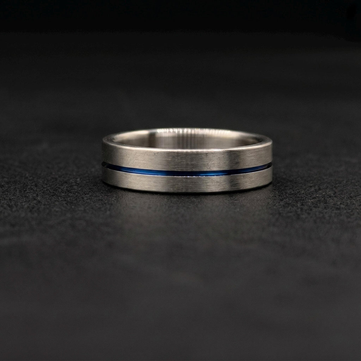 Brushed Titanium Wedding Band — Thin Blue Anodized Center Line