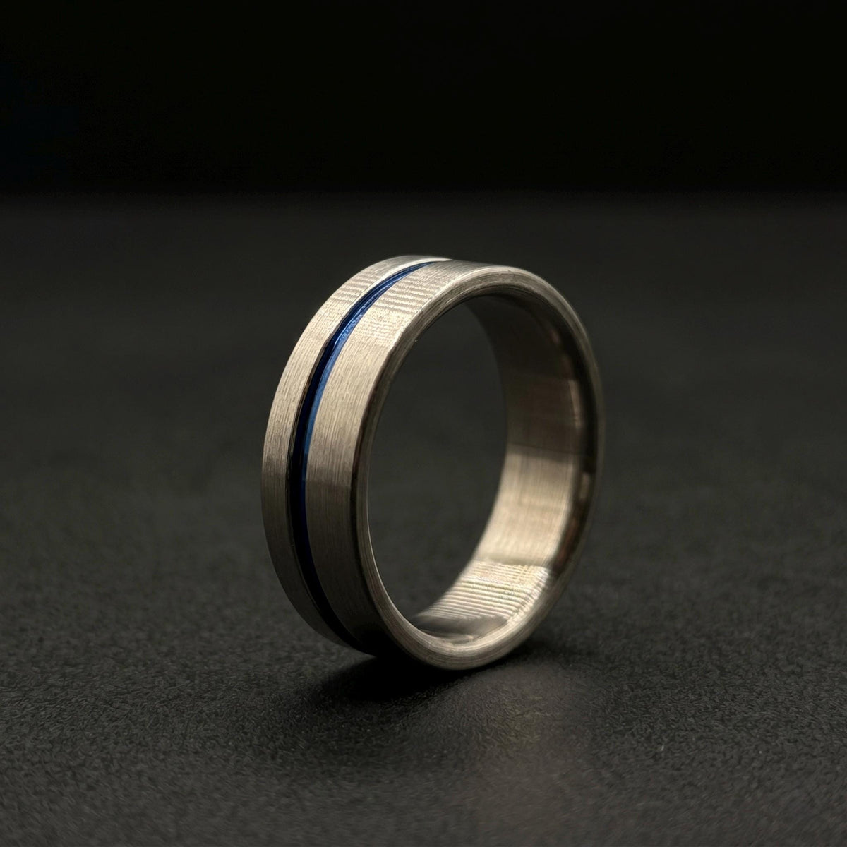 Brushed Titanium Wedding Band — Blue Anodized Groove Line