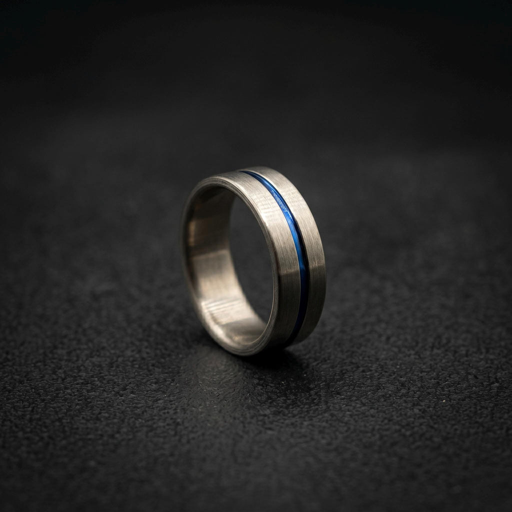 Brushed Titanium Wedding Band — Blue Anodized Groove Line, view 7