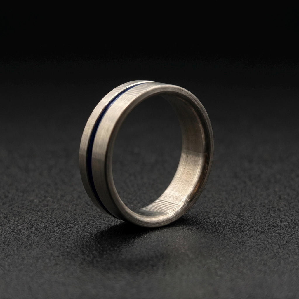 Brushed Titanium Wedding Band — Blue Anodized Groove Line, view 6