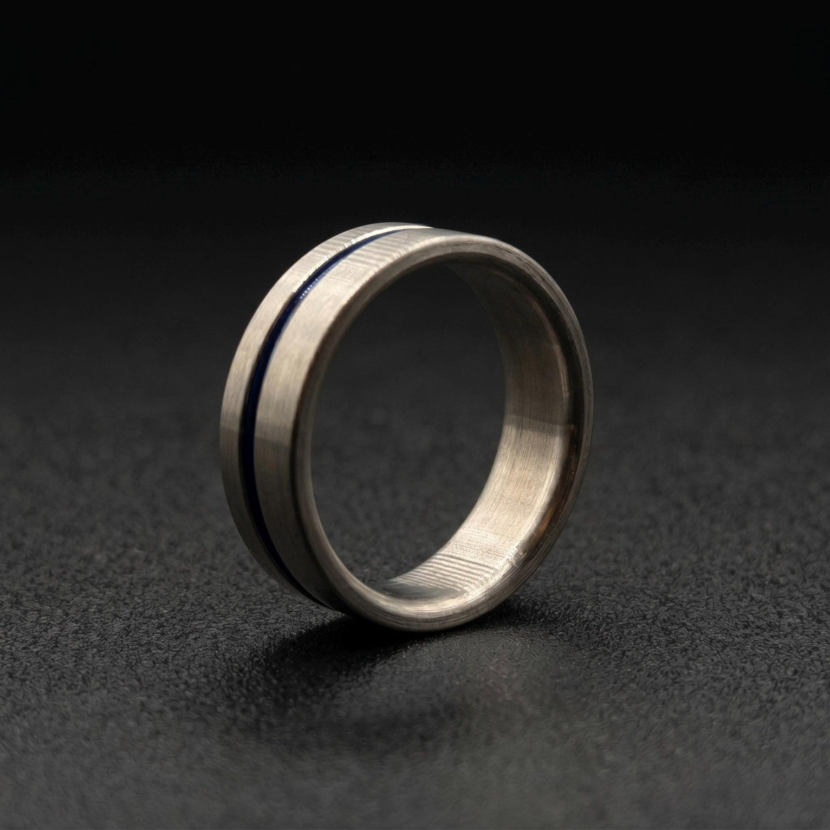 Brushed Titanium Wedding Band — Blue Anodized Groove Line, view 6
