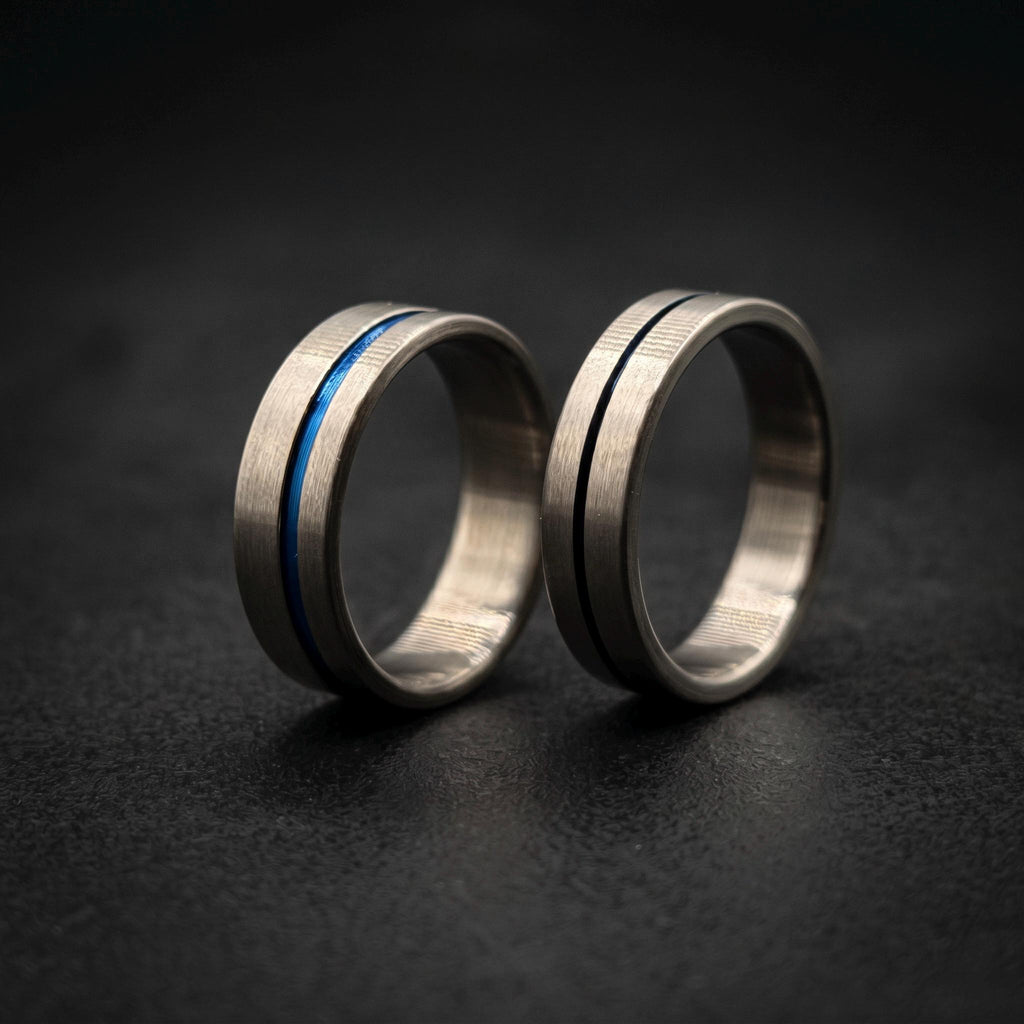 Brushed Titanium Wedding Band — Blue Anodized Groove Line, view 2