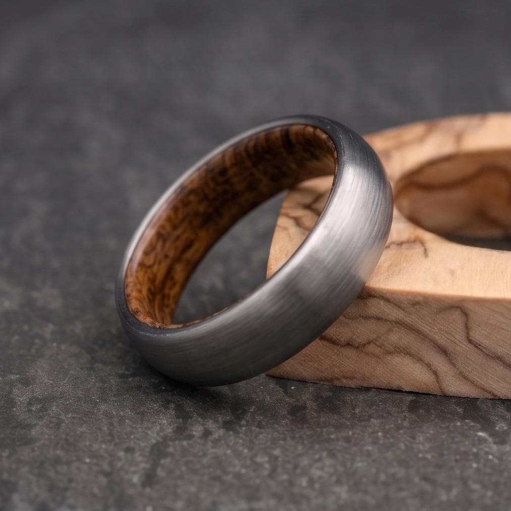 Brushed Titanium Wedding Band — Whiskey Barrel Wood Lining, view 7
