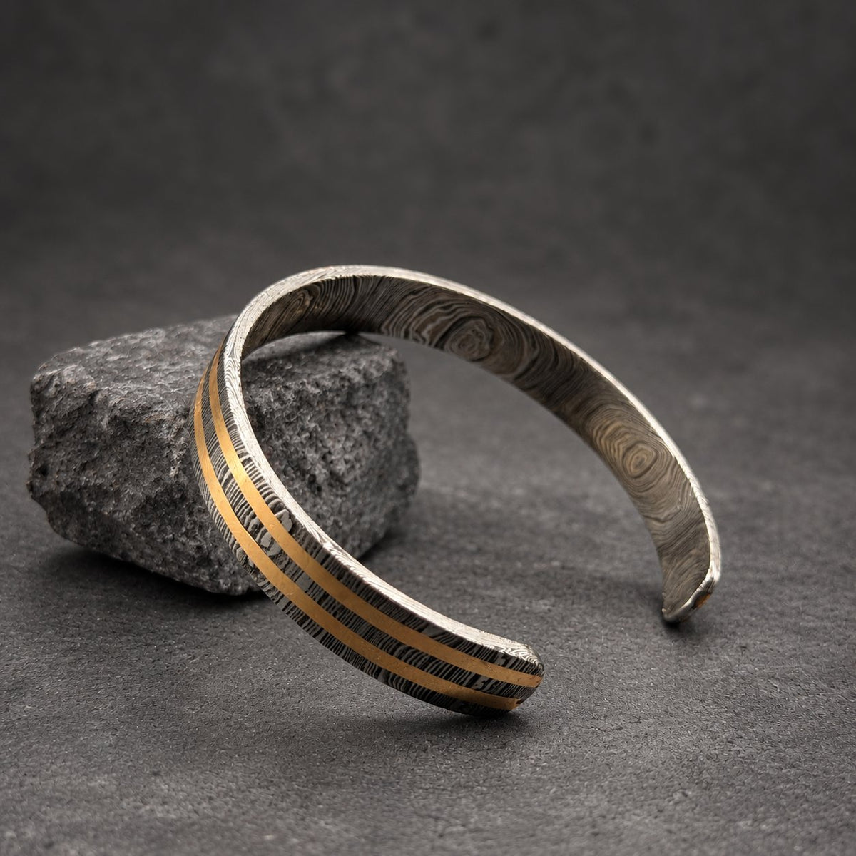 Damascus Steel Cuff Bracelet with Double Copper Lines — Viking Cuff, view 2