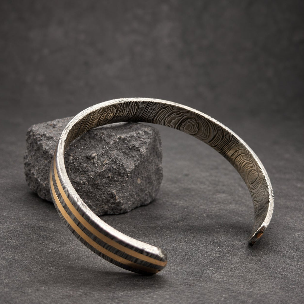 Damascus Steel Cuff Bracelet with Double Copper Lines — Viking Cuff, view 3