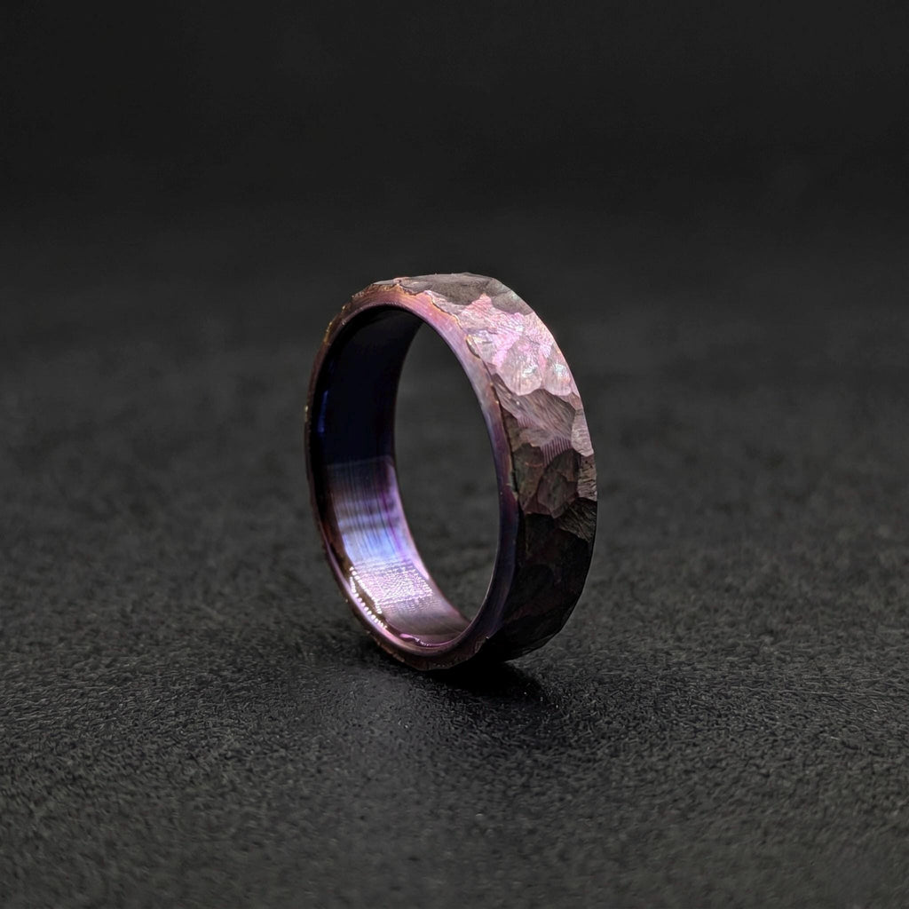 Purple Anodized Titanium Wedding Band — Hammered Flat Band, view 5