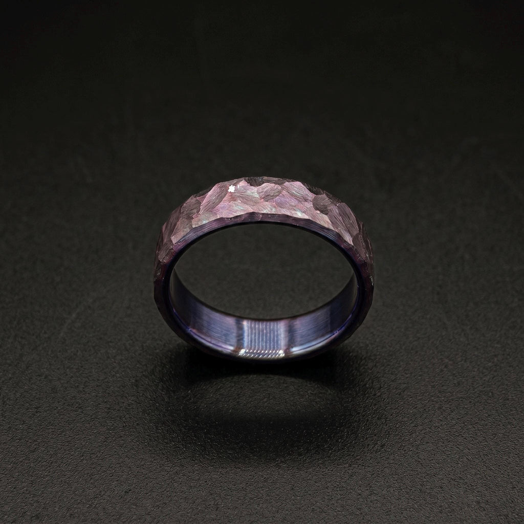 Purple Anodized Titanium Wedding Band — Hammered Flat Band, view 2