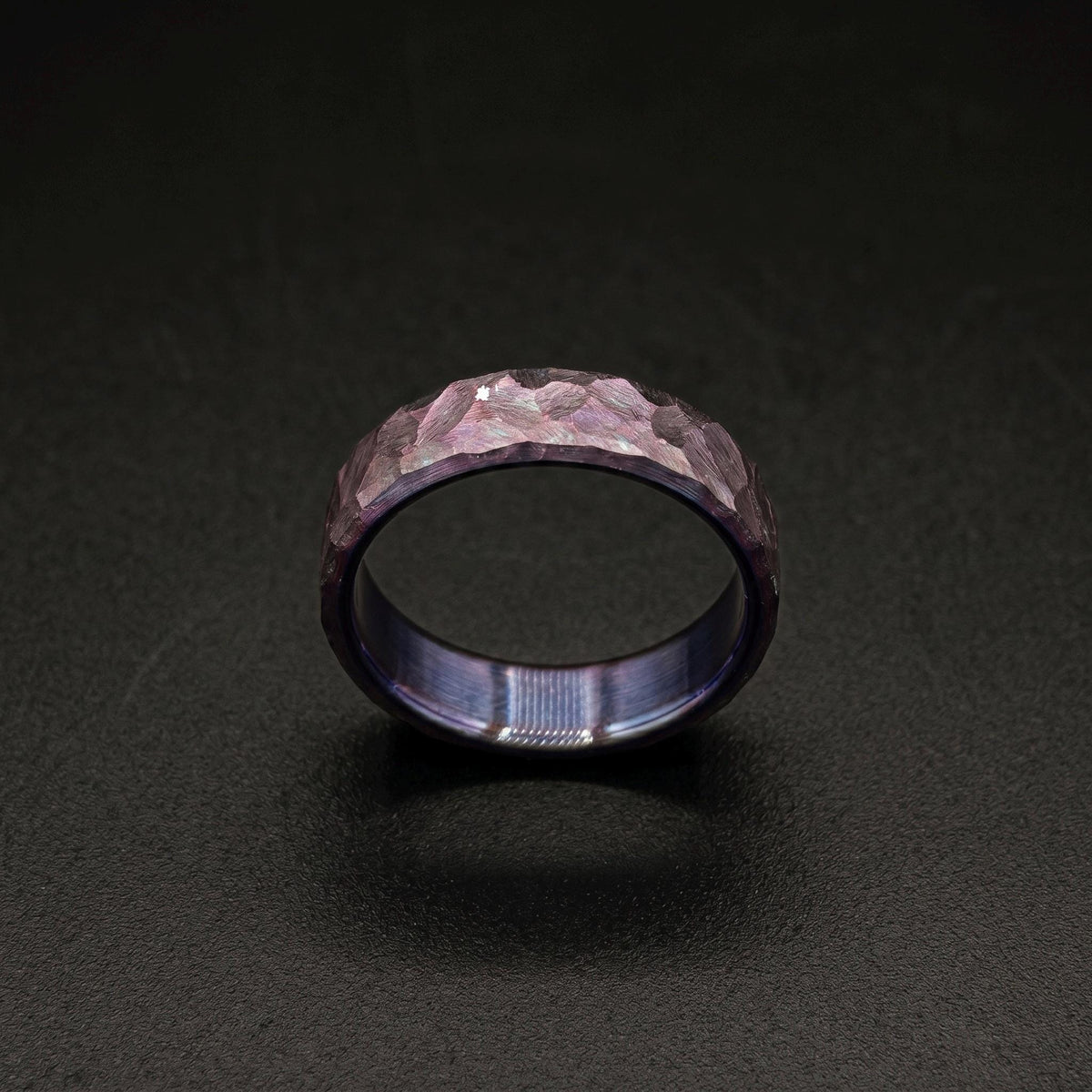 Purple Anodized Titanium Wedding Band — Hammered Flat Band, view 2