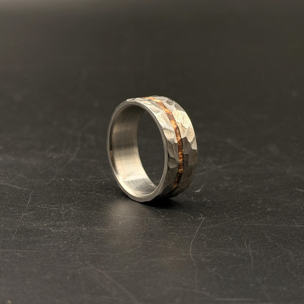Hammered Titanium Wedding Band — Whiskey Barrel Wood Inlay, view 6