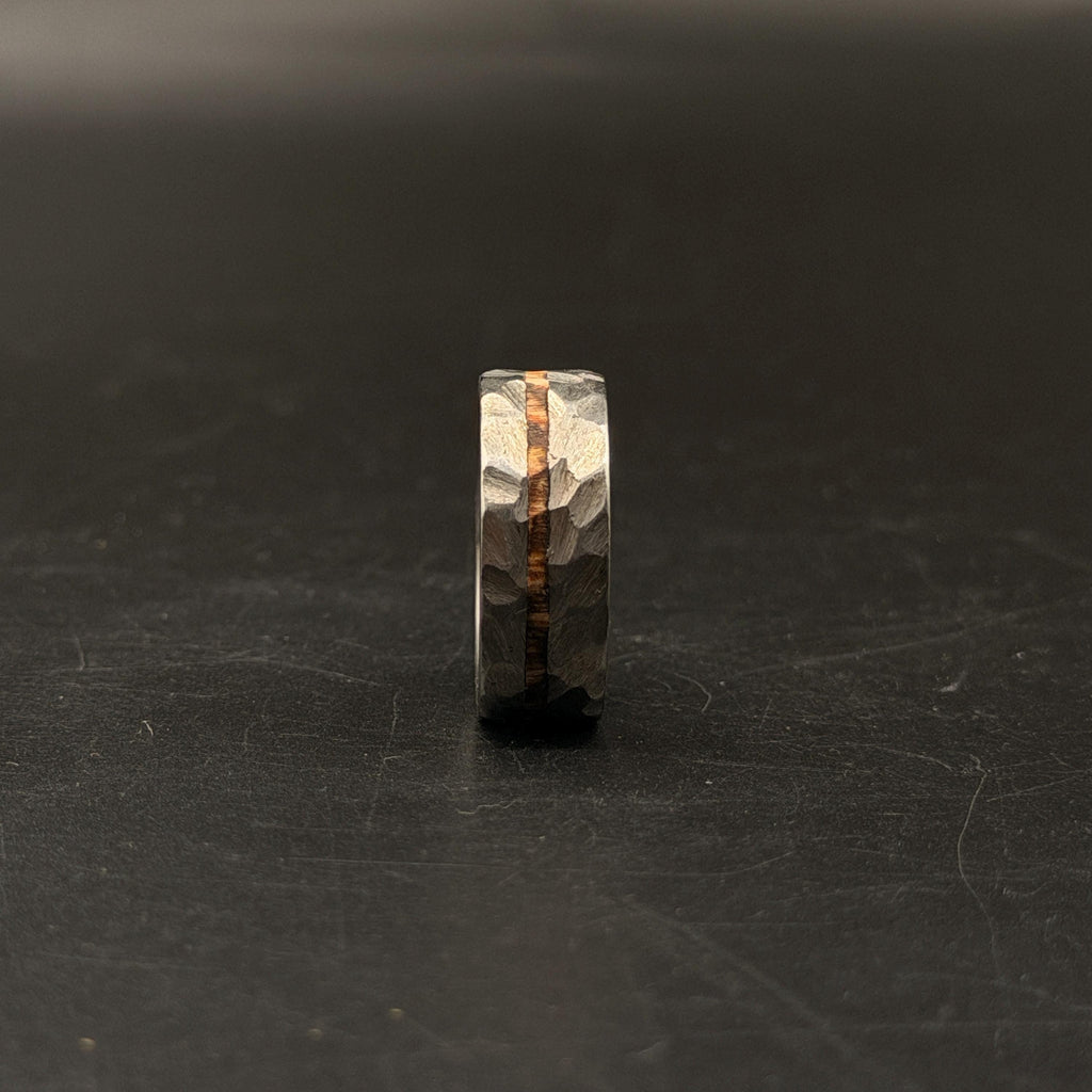 Hammered Titanium Wedding Band — Whiskey Barrel Wood Inlay, view 2