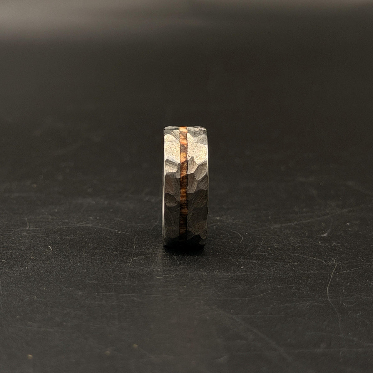 Hammered Titanium Wedding Band — Whiskey Barrel Wood Inlay, view 2