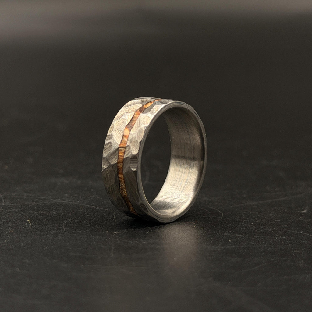 Hammered Titanium Wedding Band — Whiskey Barrel Wood Inlay, view 5