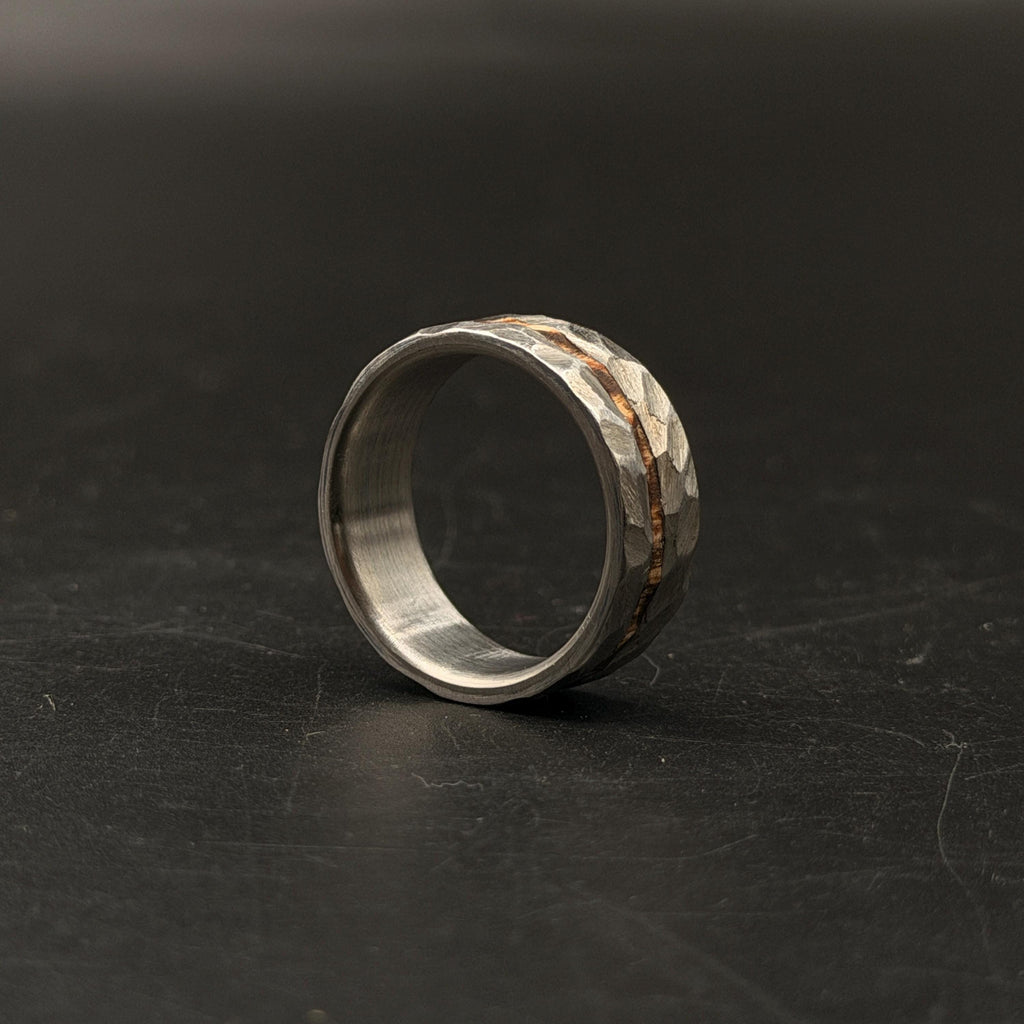 Hammered Titanium Wedding Band — Whiskey Barrel Wood Inlay, view 3
